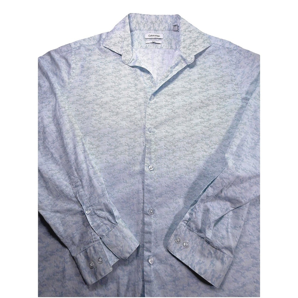 Calvin Klein Dress Shirt Mens 16.5 Slim Fit Light Blue Patterned Button Front